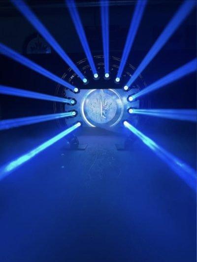 a blue light is shining on a blue background